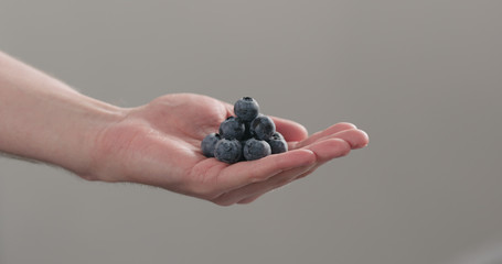 man hand show big ripe blueberries on neutral background