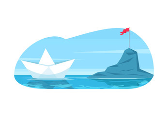 Sticker - Challenge metaphor semi flat vector illustration. Business objective and career goal. Future discovery. Paper toy boat navigate to reach mountain. 2D cartoon objects for commercial use