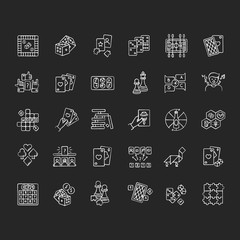 Sticker - Board games chalk white icons set on black background. Popular recreation activities, entertainment for family and friends. Different games played on table. Isolated vector chalkboard illustrations