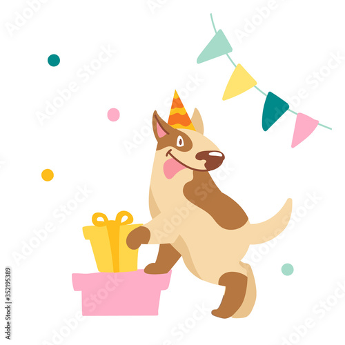 Funny Bull Terrier With Sticking Out Tongue Stand On Gift Boxes Cute Dog Character Celebrate Birthday Pet In Festive Hat With Wrapped Presents Garland And Confetti Cartoon Vector Illustration Buy This