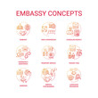 Embassy concept icons set. International relations idea thin line RGB color illustrations. Transit visa. Foreign affairs. Diplomatic mission. Vector isolated outline drawings
