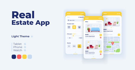 Internet apartment catalogue cartoon smartphone interface vector templates set. Mobile app screen page day mode design. Accomodation for living. UI for application. Phone display with flat objects