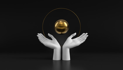 3d illustration of white decorative female mannequin hand isolated on luxury black background, elegant mannequin hands holding gold ball  for esoteric fortuneteller, sacred geometry and global care