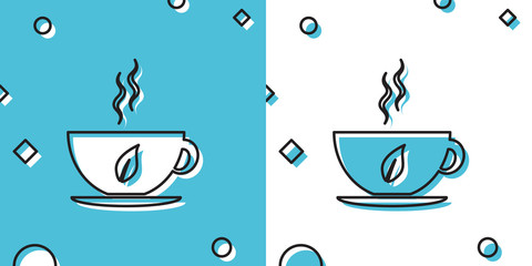 Wall Mural - Black Cup of tea and leaf icon isolated on blue and white background. Random dynamic shapes. Vector Illustration