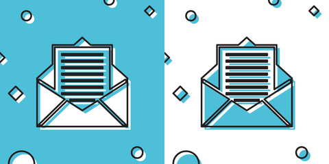 Poster - Black Mail and e-mail icon isolated on blue and white background. Envelope symbol e-mail. Email message sign. Random dynamic shapes. Vector Illustration
