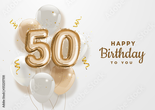 Cuadros en Lienzo Happy 50th birthday gold foil balloon greeting background