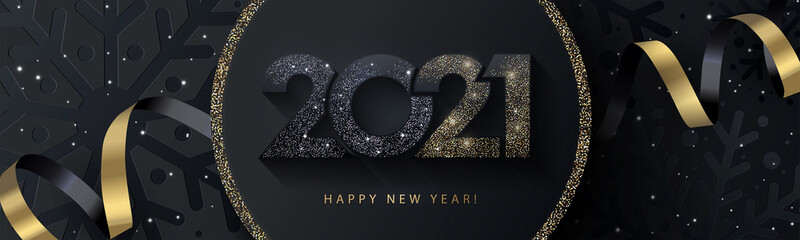 Happy New Year 2021 beautiful sparkling design of numbers on black background with texture of black snowflakes and shining falling snow. Trendy modern winter banner, poster or greeting card template