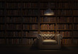 Leinwandbild Motiv Reading room in old library or house.Vintage style leather armchair with ceiling lamp.Night scene room.3d rendering