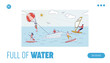 © Iryna Petrenko - Water activities landing page. Active summer vacation. People surfing, sup boarding and windsurfing