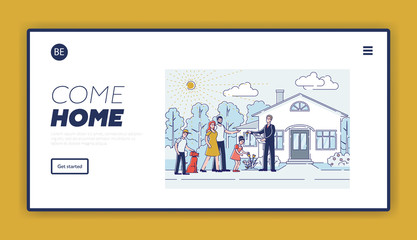 Wall Mural - Real estate agency landing page design with cartoon family purchasing new house