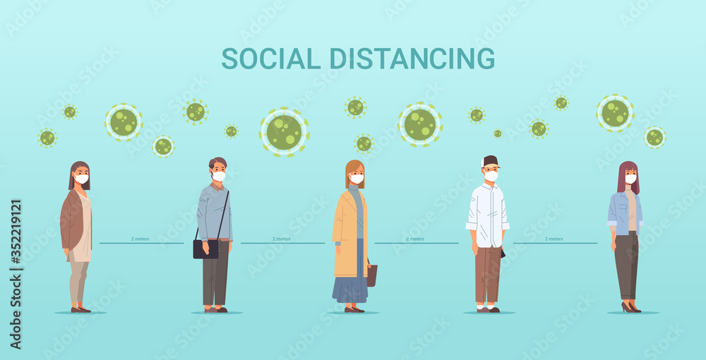 people in face masks men women standing line queue keeping distance to prevent covid-19 social distancing coronavirus pandemic health care concept horizontal full length vector illustration - obrazy, fototapety, plakaty 