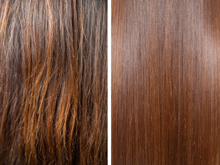 sick, cut and healthy hair care straightening. before and after treatment
