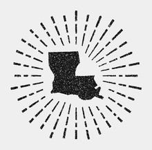 Vintage Map Of Louisiana. Grunge Sunburst Around The Us State. Black Louisiana Shape With Sun Rays On White Background. Vector Illustration.