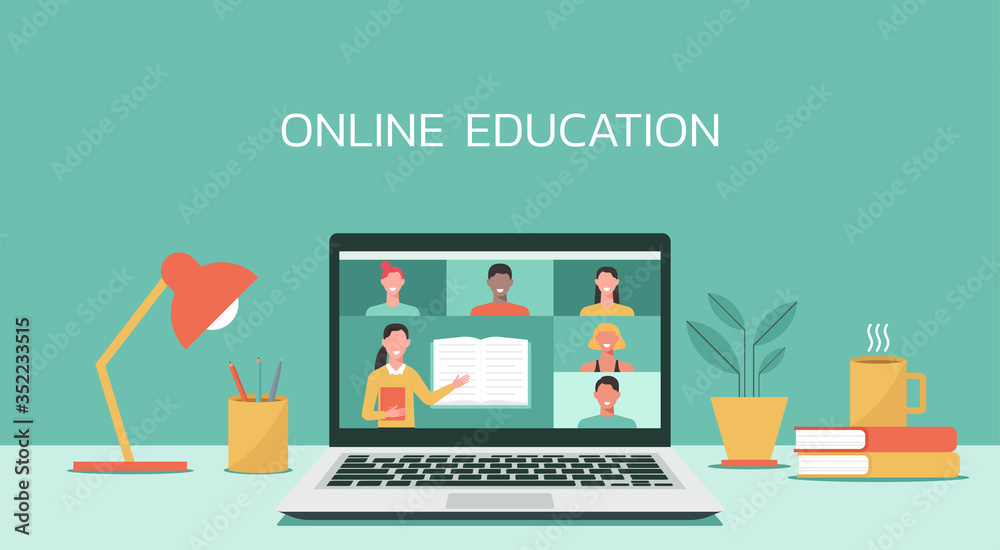 E-learning, online education, online course concept, home school, woman teacher teaching students on laptop computer screen, distance learning, new normal, vector flat illustration - obrazy, fototapety, plakaty 