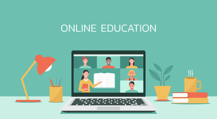 e-learning, online education, online course concept, home school, woman teacher teaching students on