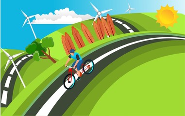 Wall Mural - Isometrical cyclists riding on the road near the hills and mountains. Fast road biker.  vector illustration.