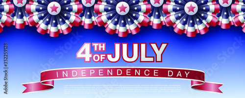 Fourth of July Independence day website top or banner vector template with realistic bunting decorations in USA flag colors with stars and stripes 