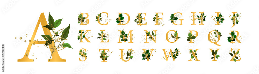 Gold floral alphabet font uppercase letters with flowers leaves and gold splatters for wedding invite card and logo. Vector illustration for greeting card template design - obrazy, fototapety, plakaty 