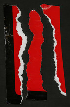 Real Scan Of Red Torn Paper Strips Or Snips Isolated On Black Paper Background.