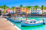 Fototapeta  - Boats at pier of beautiful town of Port de Andratx on Majorca island, Spain Mediterranean Sea. 