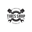 Vintage monochrome car repair service template, emblem, label, badge, logo. Service station auto parts tires shop mechanic on duty.