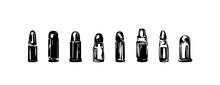 Hand Drawn Live Ammunition Collection, Ink Drawing Sketch Weapon Bullets Vector, Black Isolated Cartridge Monochrome Illustration On White Background