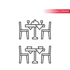 Dinner table for two with tablecloth, wine glasses, meal cap and chairs. Thin line vector icon set, editable stroke.