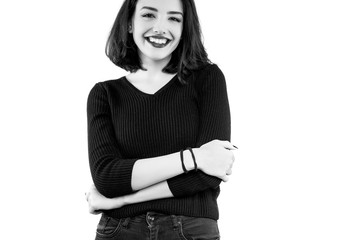 Black and white beautiful smiling woman portrait isolated on white background. Pretty woman looking at camera.