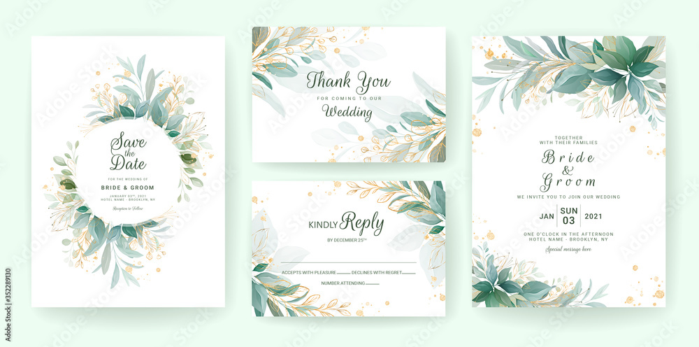 Golden greenery wedding invitation template set with leaves, glitter, frame, and border. Floral decoration vector for save the date, greeting, thank you, rsvp, etc - obrazy, fototapety, plakaty 