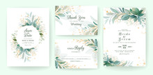 Golden Greenery Wedding Invitation Template Set With Leaves, Glitter, Frame, And Border. Floral Decoration Vector For Save The Date, Greeting, Thank You, Rsvp, Etc