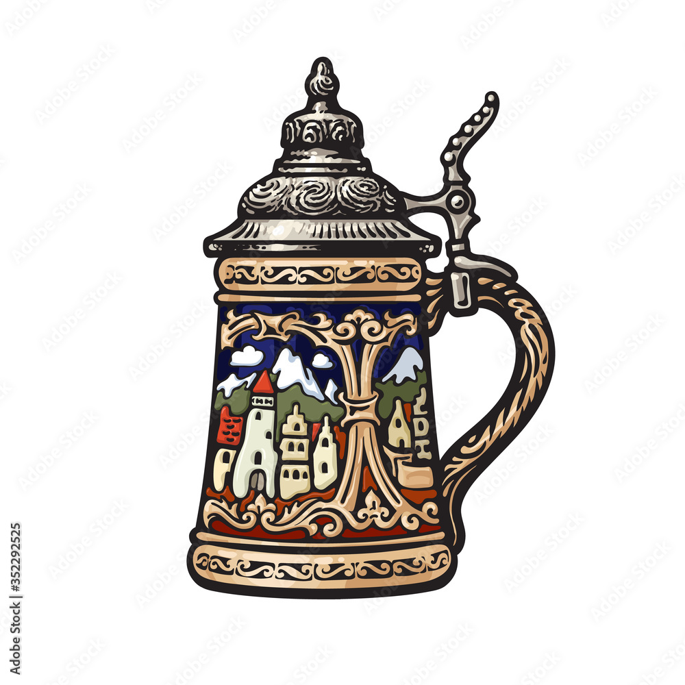 German stein beer mug with decorations in the form of old medieval city. Vector illustration. - obrazy, fototapety, plakaty 