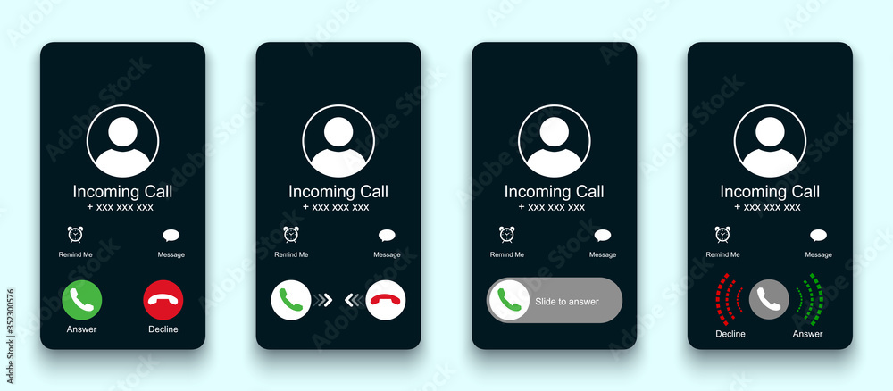 Mobile call screen template. Call screen smartphone interface mockup. Phone mockup contact with handset icon, flat person icon, take a phone, incoming call, answer and decline phone call buttons - obrazy, fototapety, plakaty 