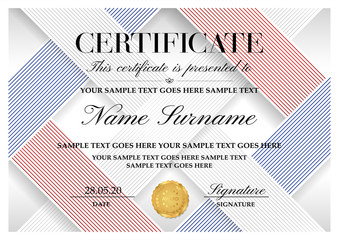 Wall Mural - Certificate template with diagonal line pattern (in red, blue, silver colors) and gold wax seal. Abstract geometric background for Diploma, certificate of appreciation, award design