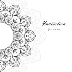 Wall Mural - Black and white Invitation Card with  mandala ornament. Card template for Wedding invitation or Birthday greeting card. Vector illustration