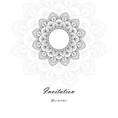 Wall Mural - Black and white Invitation Card with  mandala ornament. Card template for Wedding invitation or Birthday greeting card. Vector illustration