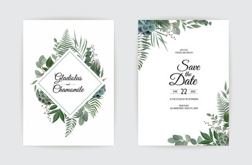 Botanical wedding invitation card template design, white and pink flowers on white background.