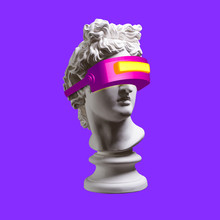 Concept Art Collage. Plaster Statue Of Apollo In Virtual Reality Glasses Against Purple Background