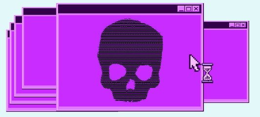 Aufkleber - Computer code on a screen with a skull representing a computer virus, hack attack, malware and ransomware.