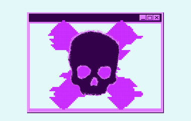 Aufkleber - Alert notification on computer in retro pixel art style. Malware caution concept, fraud internet error, insecure risk dangerous connection, online scam, virus ransomware note.