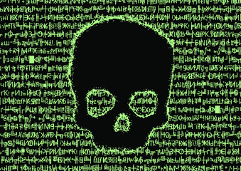 Aufkleber - Computer code on a screen with a skull representing a computer virus, hack attack, malware and ransomware.