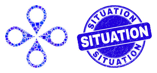 Geometric map markers mosaic pictogram and Situation stamp. Blue vector round scratched seal stamp with Situation message. Abstract mosaic of map markers made of spheric, triangles,