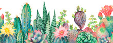 Watercolor Seamless Border Cactus Pattern.