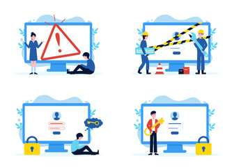 Set website pages, error 404 disconnect, construction and under maintenance, forgot password, enter password and enter. Flat vector modern illustration for banner, poster, app, template, layout, page.