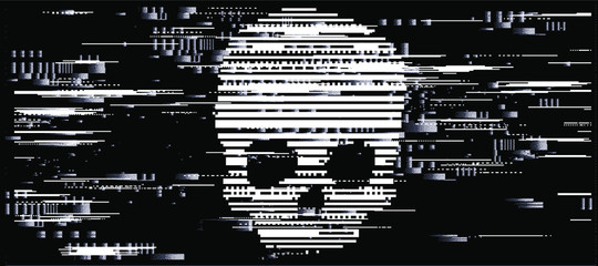 Wall Mural - Computer code on a screen with a skull representing a computer virus, hack attack, malware and ransomware.