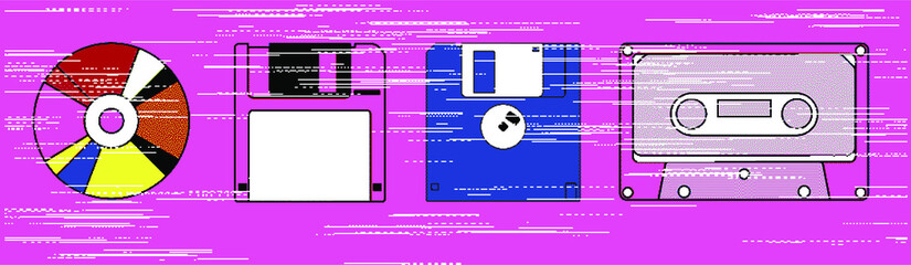 Leinwandbilder - Retro data storages: floppy disk, CD diskette and video or music tape. Vaporwave and retrowave style illustration.