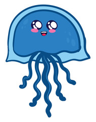 Sticker - Blue jellyfish , illustration, vector on white background
