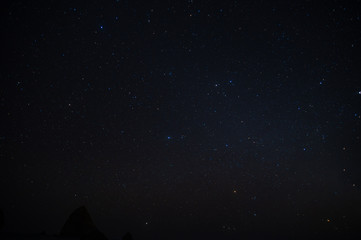 Starry sky, planets and stars, landscape at sunset of the Pacific Ocean