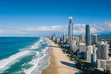 Beachfront Drone Shot Of Surfers Paradise On The Gold Coast, Australia On A Sunny Day.