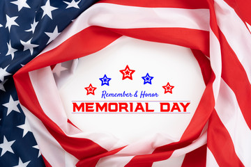 Wall Mural - US American flag on white background. For USA Memorial day,  Memorial day. Top view with memorial day text.