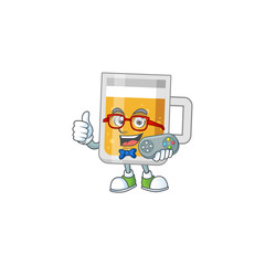 Sticker - Cartoon mascot design of glass of beer play a game with controller